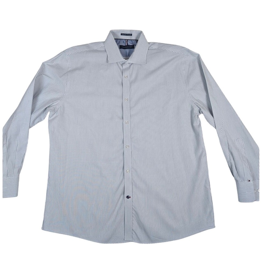 Tommy Hilfiger Gray & White Stripe Long Sleeve cotton shirt 17 32/33 Button Down